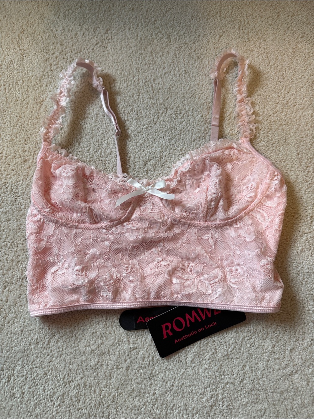 ROMWE Blush Pink Lace Bralette with Bow Detail